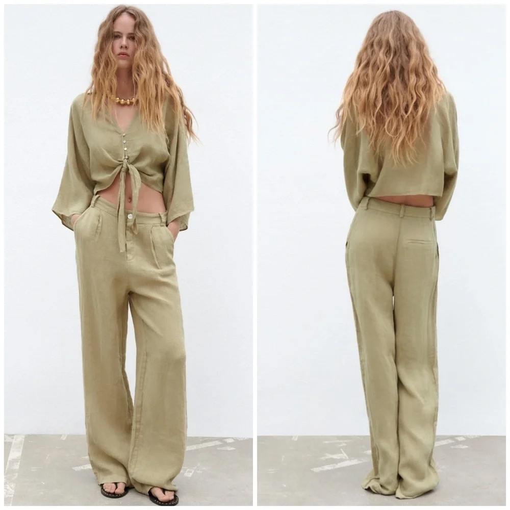 ZARA 100% Linen High Rise Wide Leg Pants in Khaki Size L New with Tags